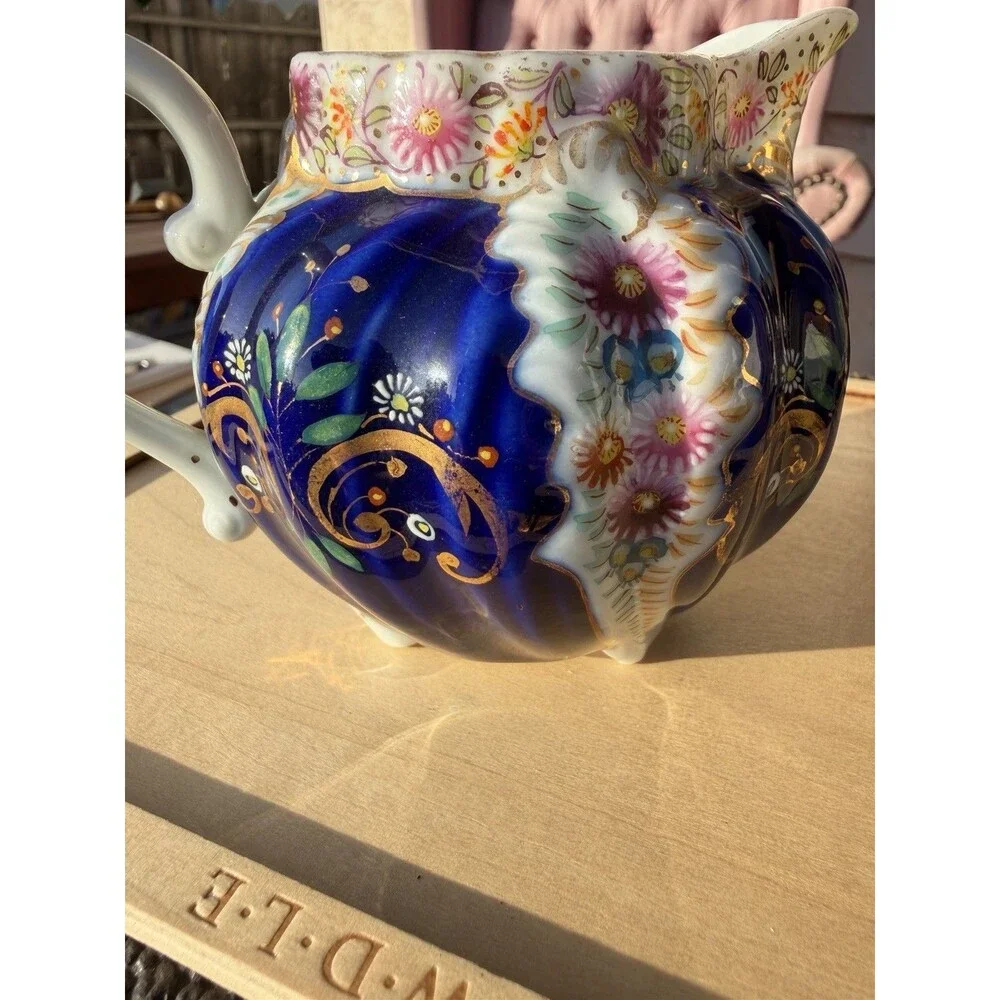 19Th Century Cobalt, Blue Porcelain Creamer With Floral Enamel And Gold